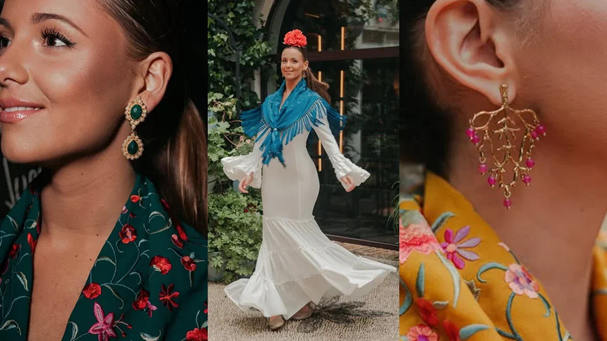 Vestido de flamenca y accesorios dorados para ferias de verano