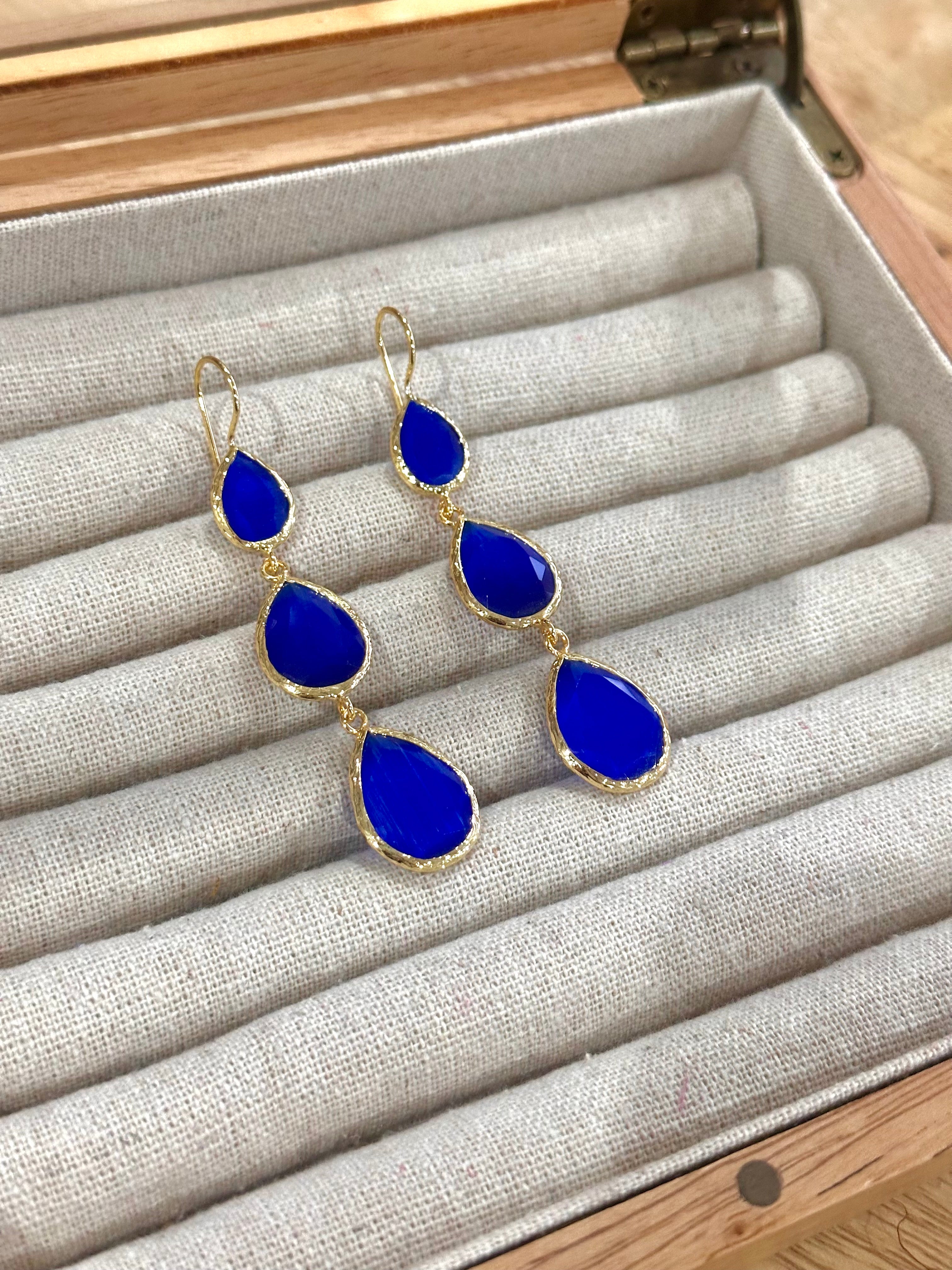 Pendientes lágrima triple azul electrico