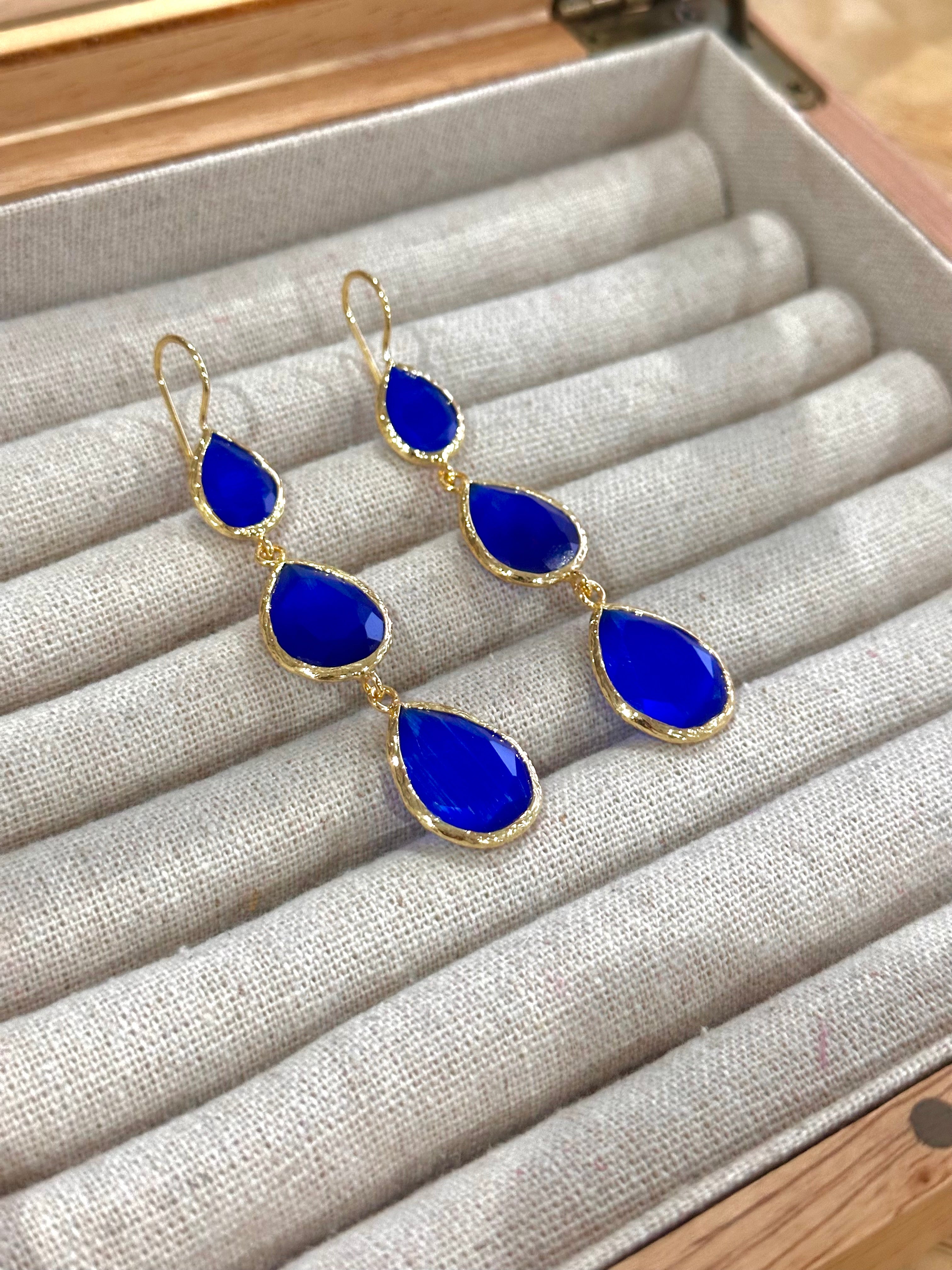 Pendientes lágrima triple azul electrico