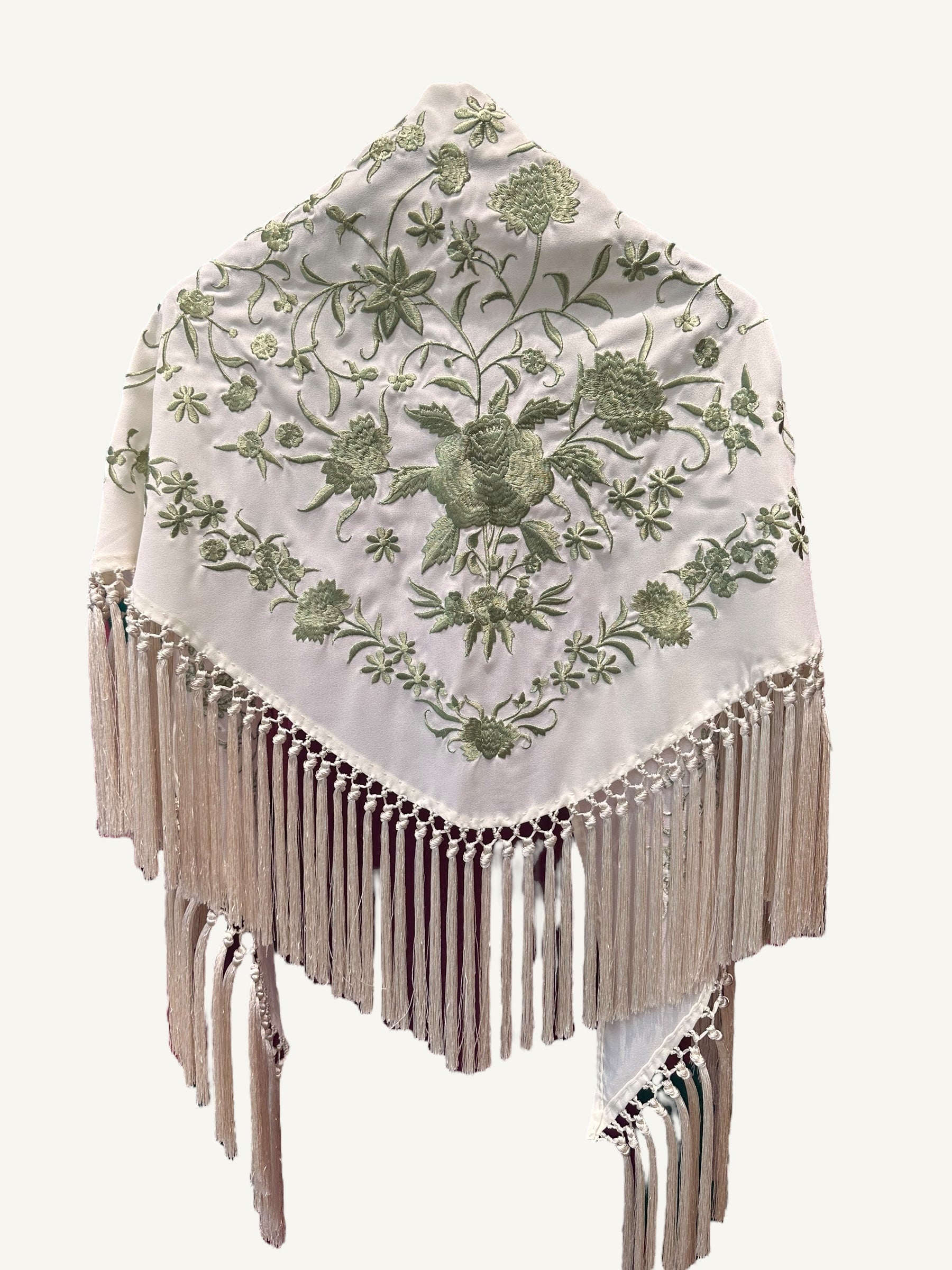 Mantoncillo clavelines blanco roto bordado verde militar