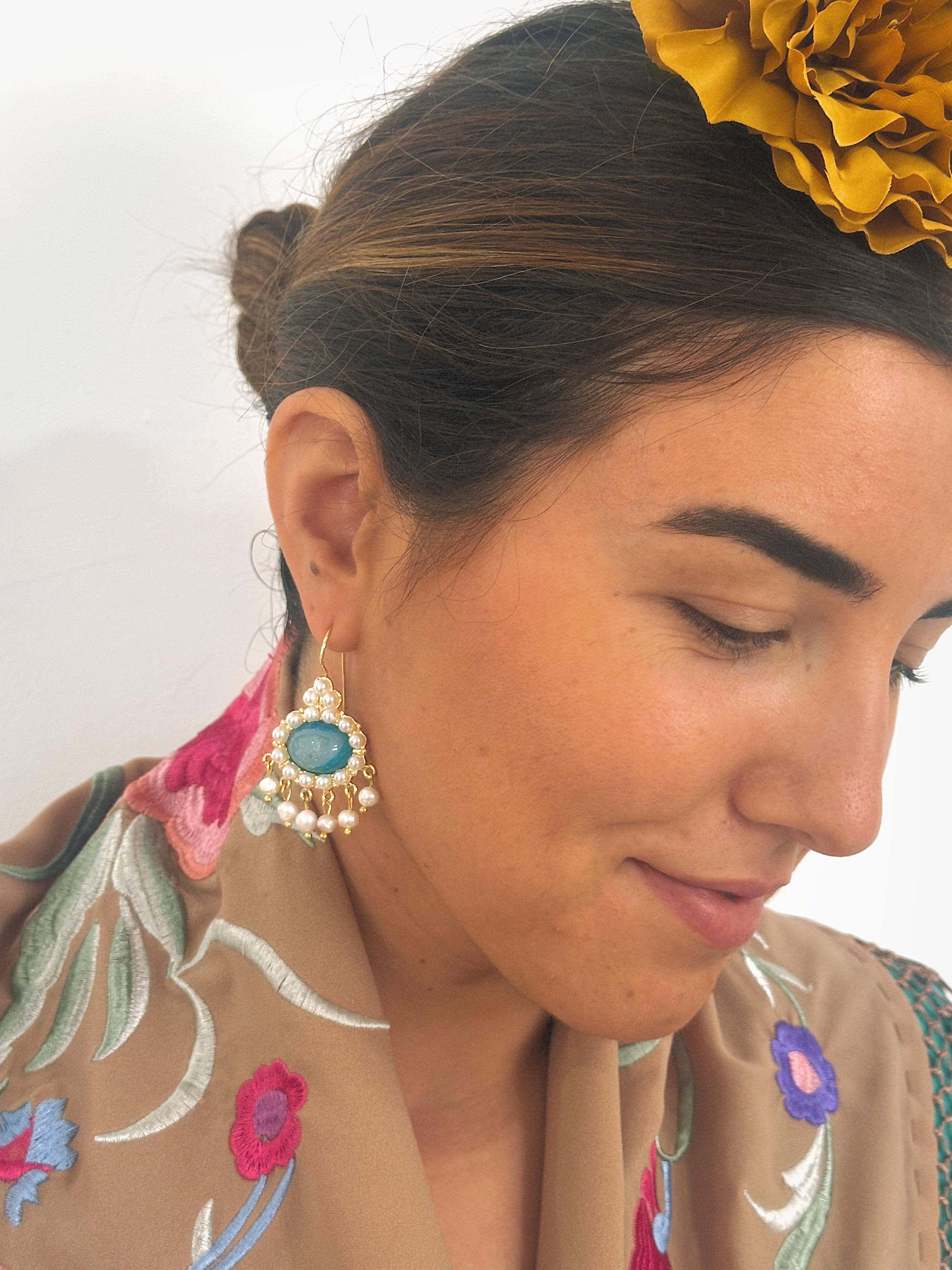 Pendientes Leticia Cristal natural azul y perla