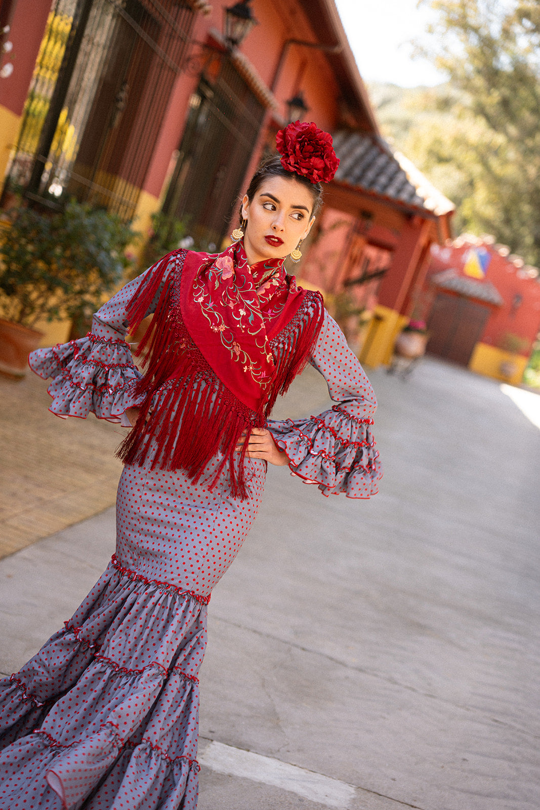 Traje de flamenca - Modelo Manuela Gris con lunar Burdeos
