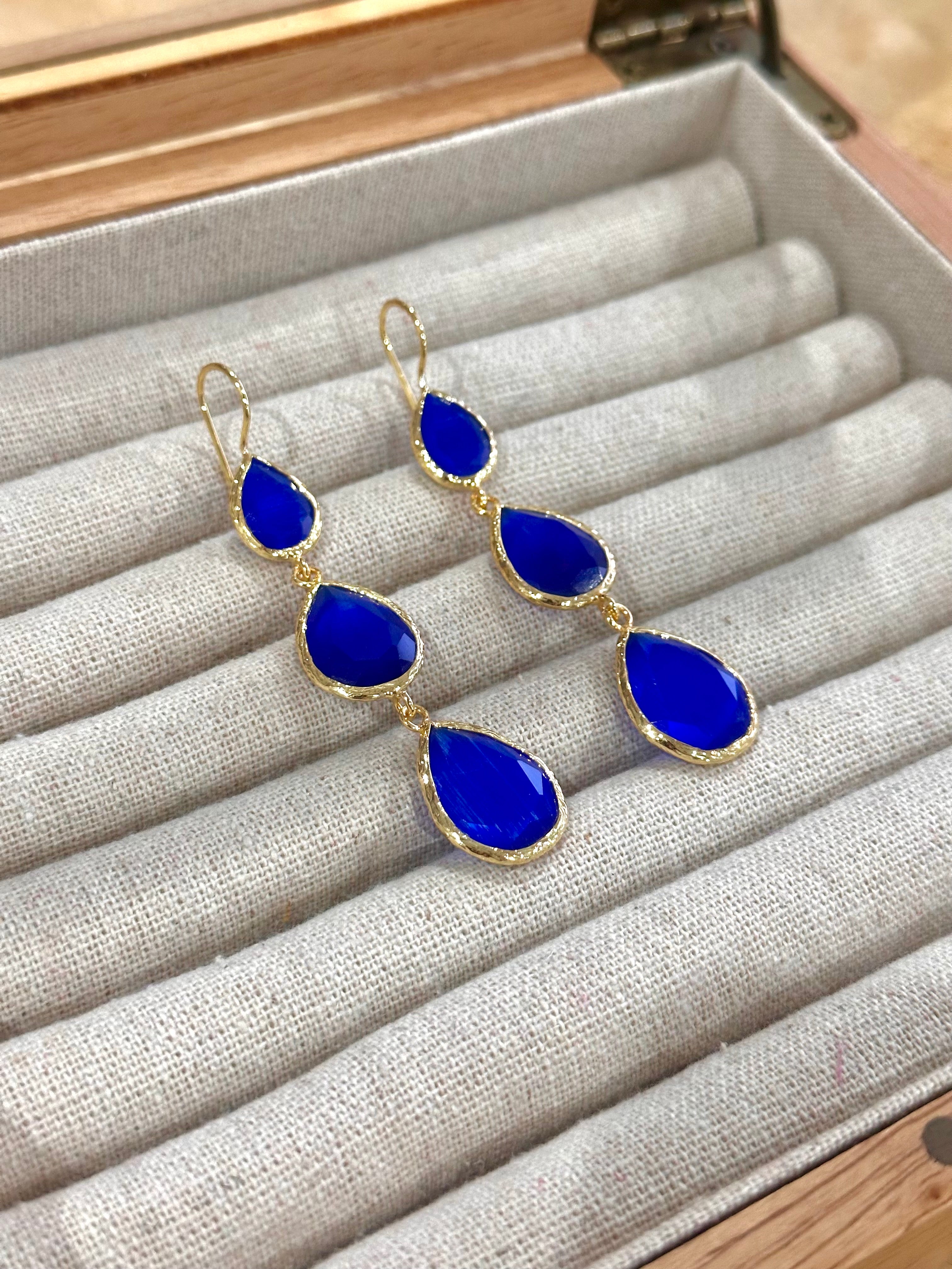 Pendientes lágrima triple azul electrico