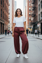 Pantalón satinado bombacho granate