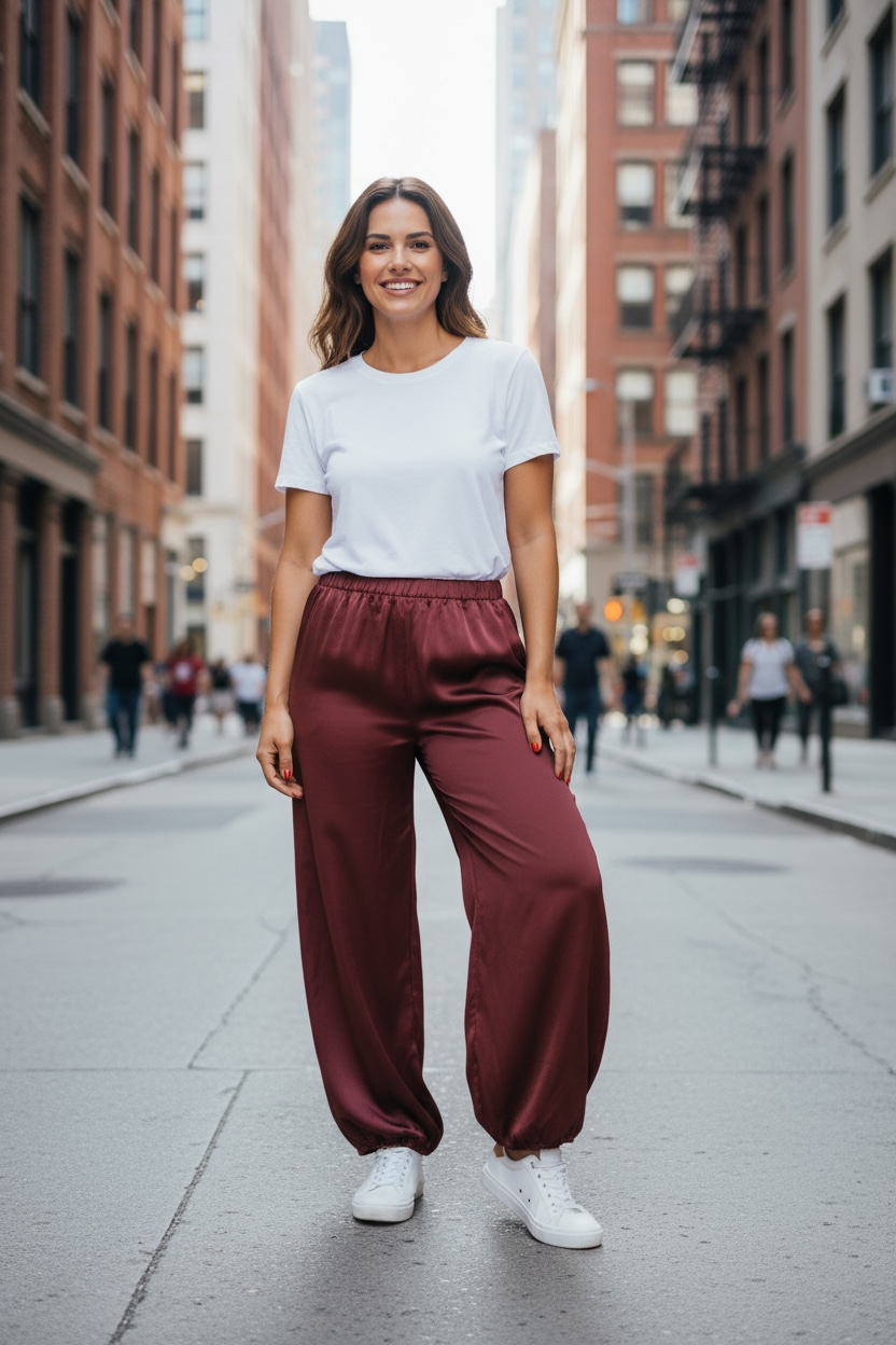 Pantalón satinado bombacho granate