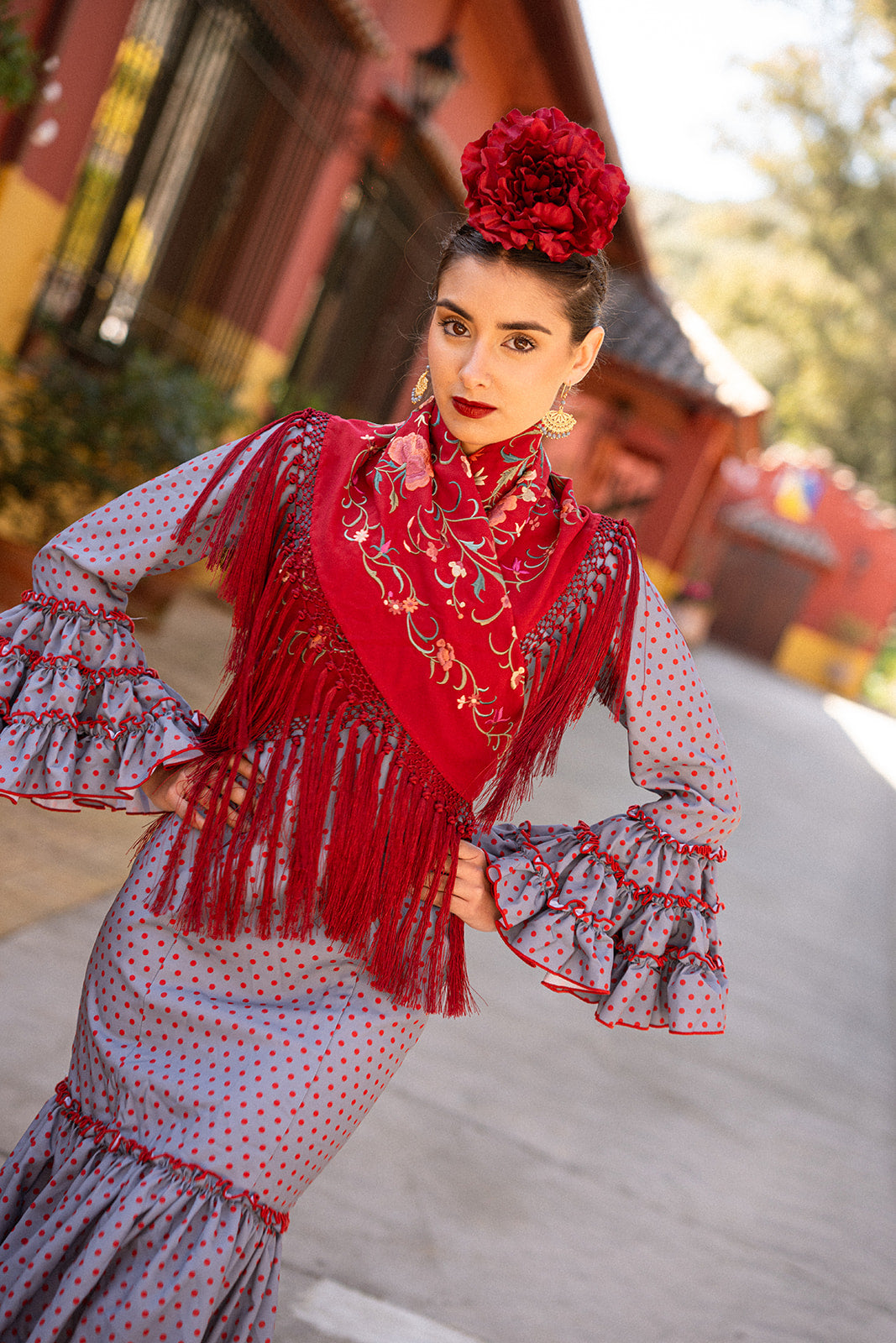 Traje de flamenca - Modelo Manuela Gris con lunar Burdeos