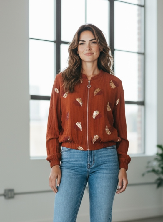 Chaqueta lentejuelas hoja teja