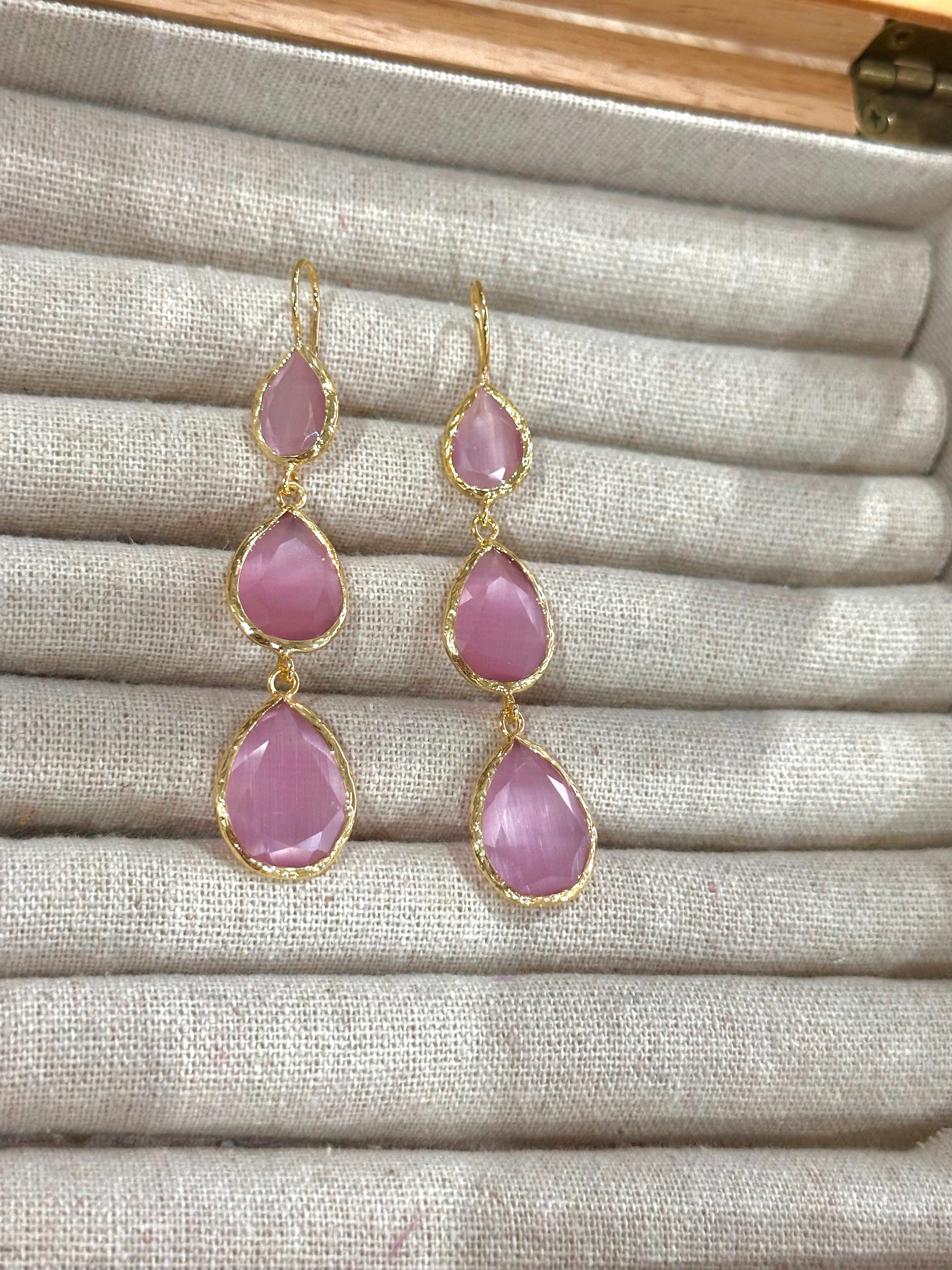 Pendientes Lágrima Triple rosa