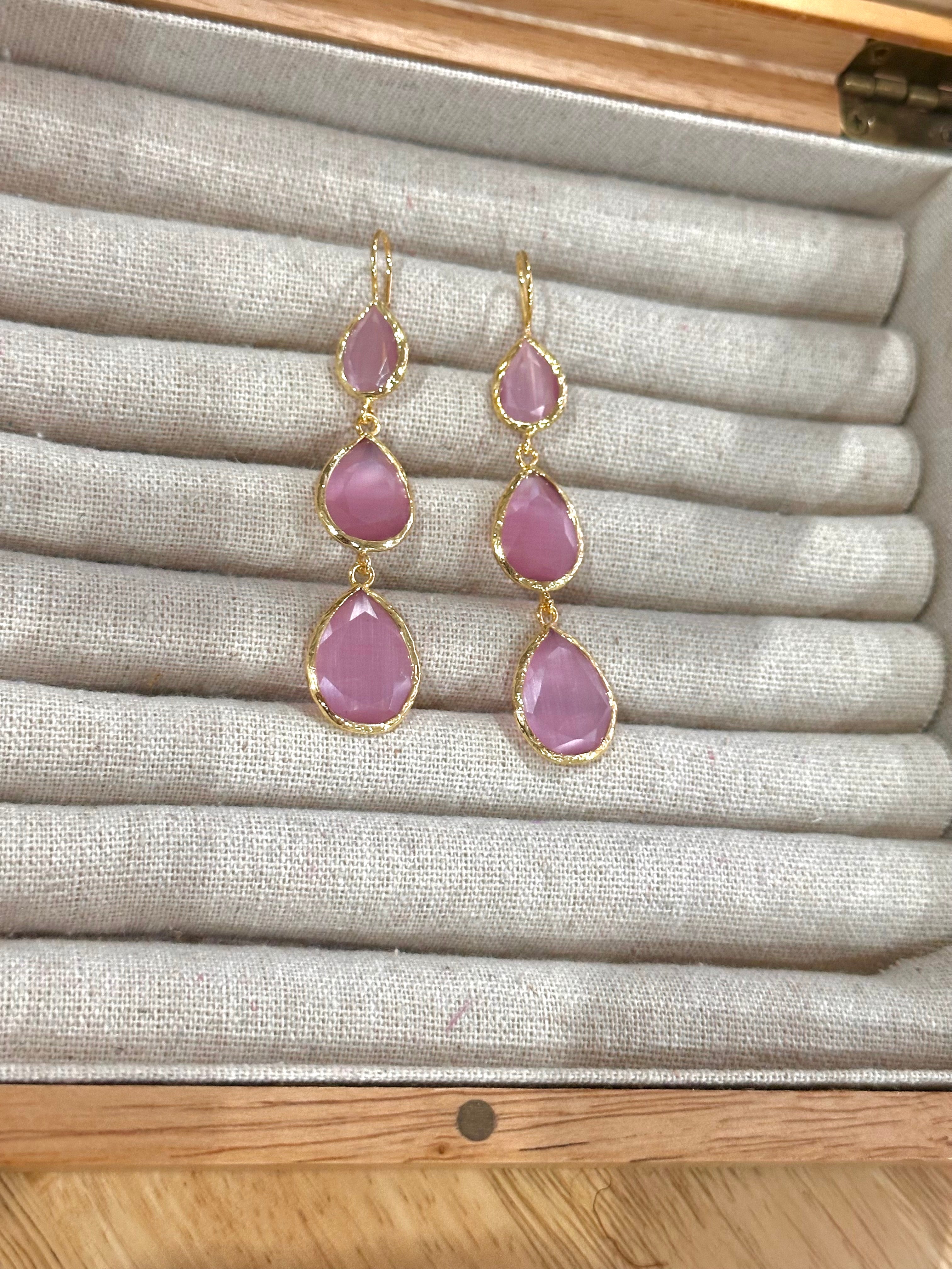 Pendientes Lágrima Triple rosa