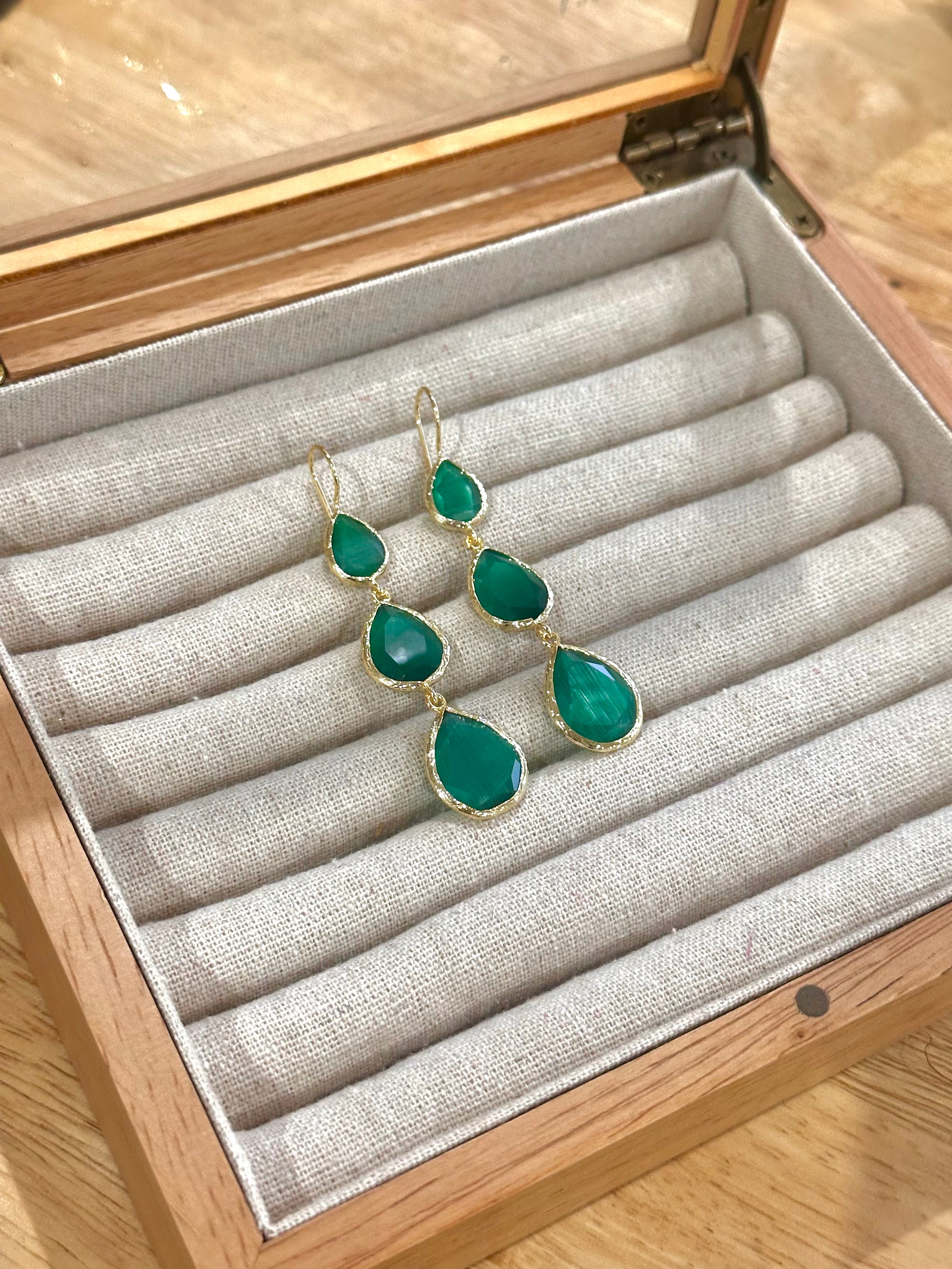 Pendientes lágrima triple Esmeralda