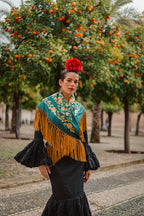 Mantoncillo Fantasía Verde Botella bordado en dorado