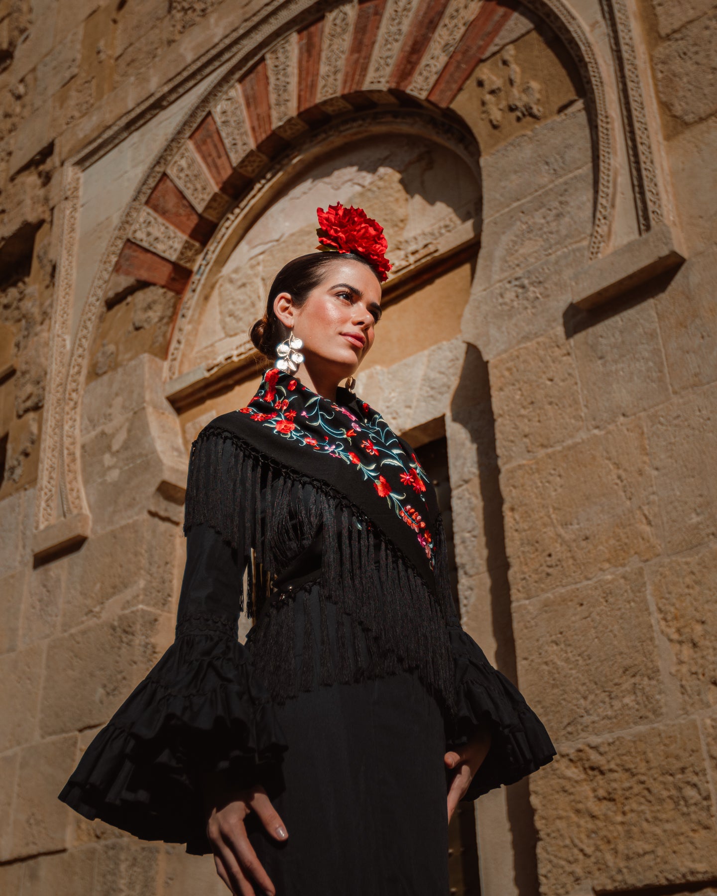 Mantoncillo Clavelines Negro Bordado Rojo