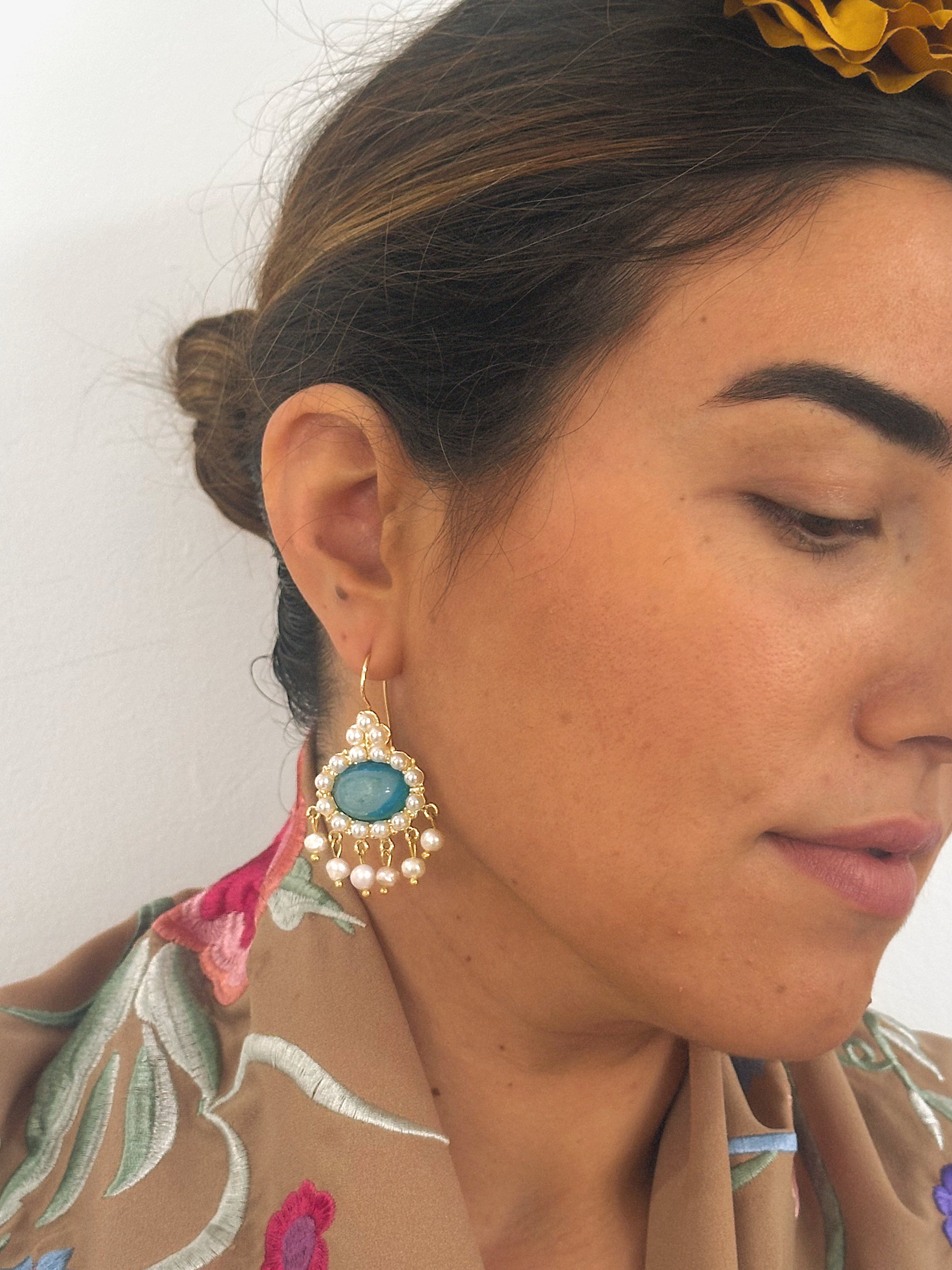 Pendientes Leticia Cristal natural azul y perla