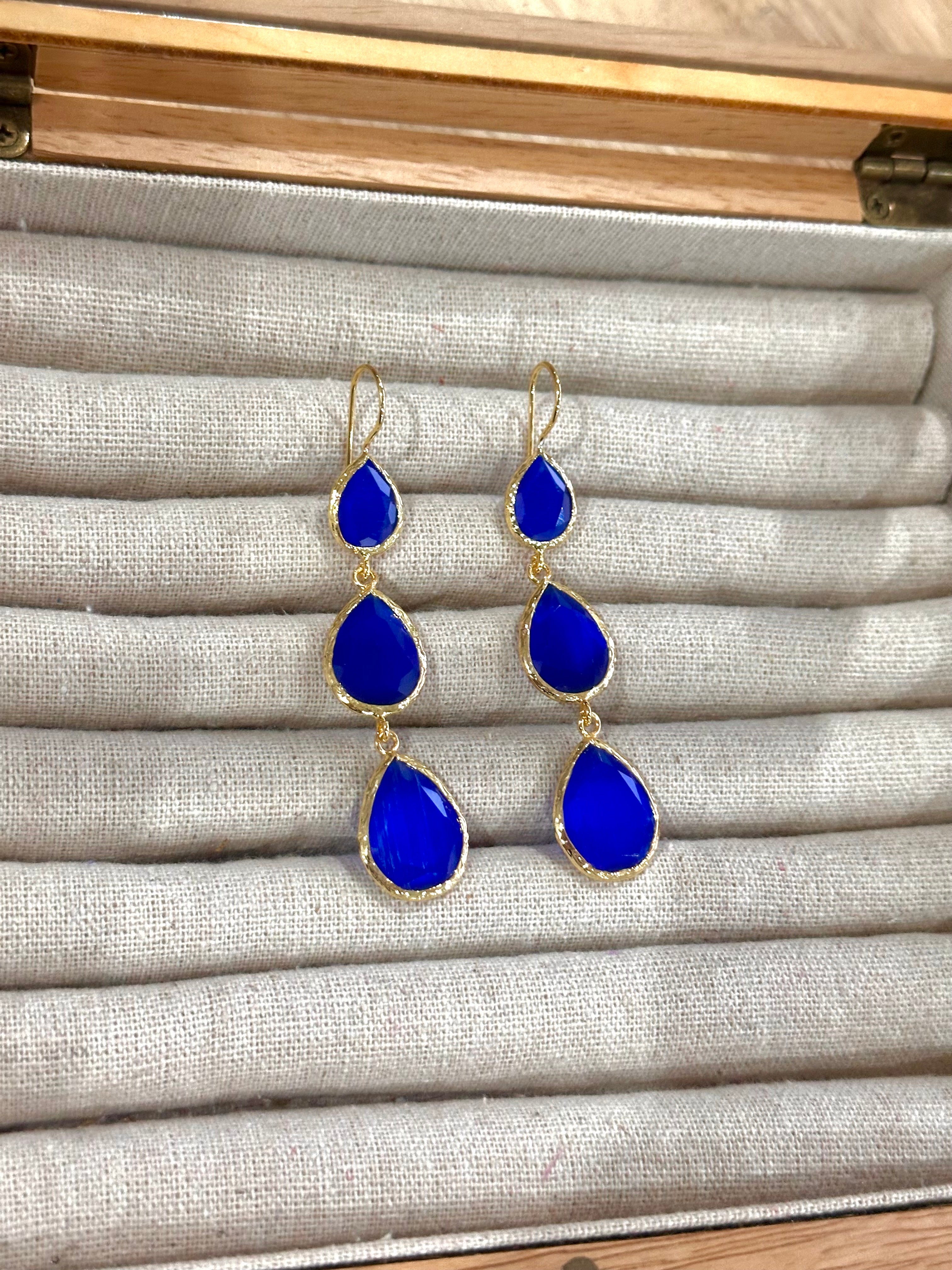 Pendientes lágrima triple azul electrico