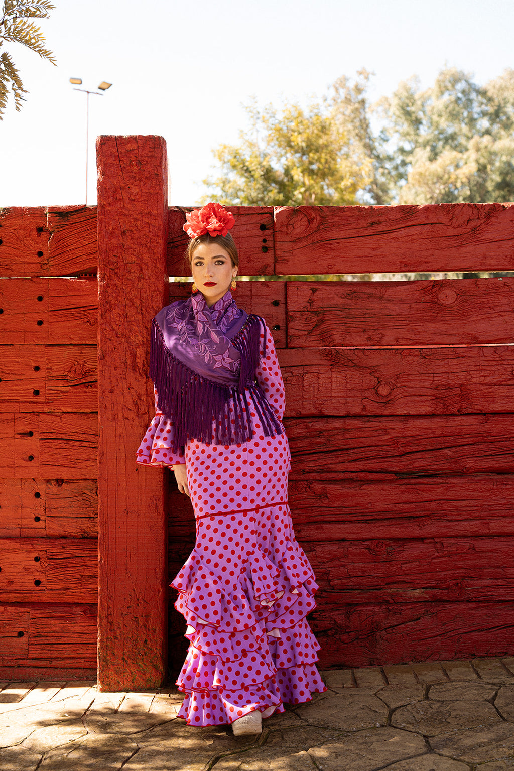 Traje de flamenca - Modelo Catalina Morado Lunar rojo