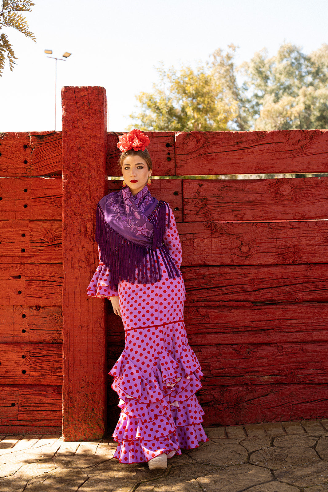 Traje de flamenca - Modelo Catalina Morado Lunar rojo