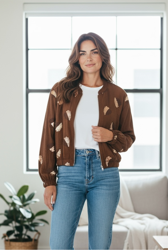 Chaqueta lentejuelas hoja marrón