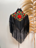 Pico niña negro bordado rojo y dorado flecos largos