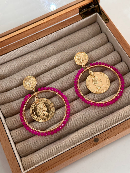 Pendientes moneda fucsia