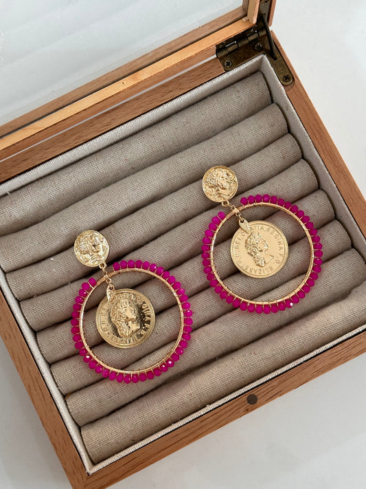 Pendientes moneda fucsia